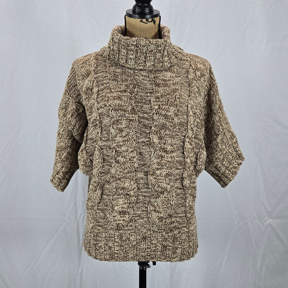 Leo & Nicole Short Sleeve Cable Knit Batwing Turtleneck Sweater Cozy Brown M